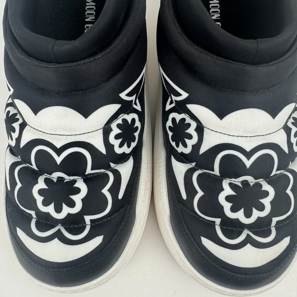 Moon Boot Black White Puffy Floral Puffy Platform Sneakers